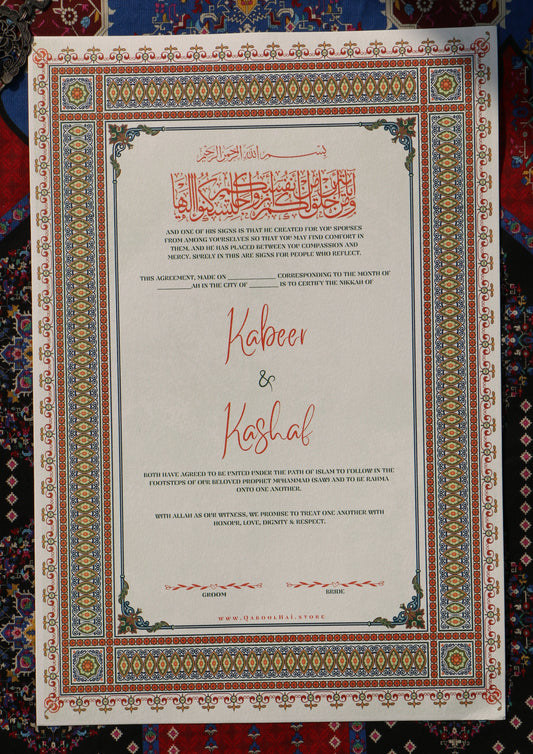 Decorative paper with text and decorative elements on a patterned fabric background